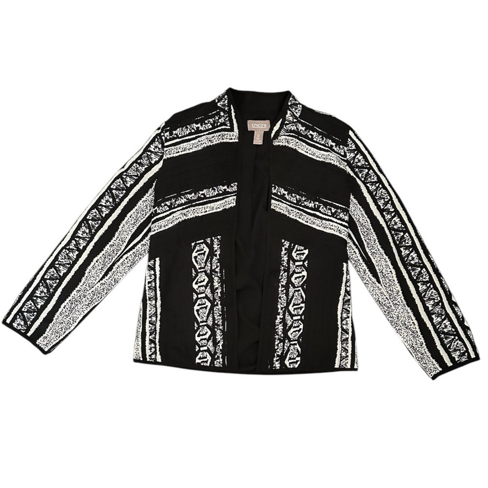 Chico’s Black & White Tribal GeometricPrint Open Front Textured Jacket, Size M